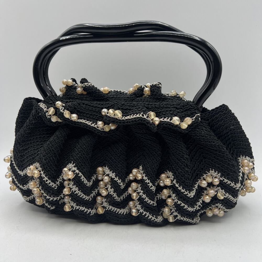 Vintage Hand Crocheted Beaded Purse 9" Lucite Handle Black Silver Hard Bottom